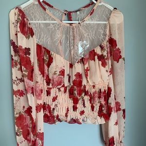 Free people romantic ruched floral and lace long sleeve blouse crop top shirt